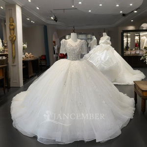 Wx392 Ivory Tulle <b>Wedding</b> Dress V Neck Puff Sleeve Beaded Sequin Ball Gown Multi Layer Long Train Jancember - Product Image 6