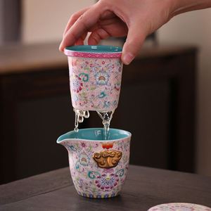 Hot-selling Ceramic Enamel Portable Teapot Set with Lovely Cups and Hand Bag Portable Teapot - Product Image 3