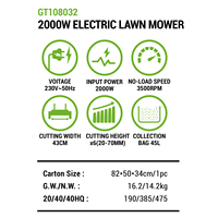 Cortacésped Eléctrico de Empuje Manual Vertak de 2000W de Alta Potencia, Ancho de Corte de 43cm, Cortacésped Doméstico Pequeño con Cable