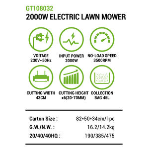 Cortacésped Eléctrico de Empuje Manual Vertak de <span class=keywords><strong>2000W</strong></span> de Alta Potencia, Ancho de Corte de 43cm, Cortacésped Doméstico Pequeño con Cable - Product Image 3