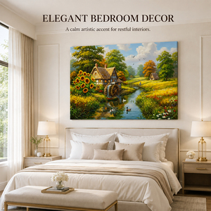 Peinture <span class=keywords><strong>à</strong></span> l'huile sur toile, décor mural, motif <span class=keywords><strong>moulin</strong></span> <span class=keywords><strong>à</strong></span> <span class=keywords><strong>eau</strong></span>, ruisseau, tournesols, canards, cabane <span class=keywords><strong>à</strong></span> toit <span class=keywords><strong>de</strong></span> chaume, <span class=keywords><strong>roue</strong></span> <span class=keywords><strong>à</strong></span> <span class=keywords><strong>eau</strong></span>, art populaire, peint <span class=keywords><strong>à</strong></span> la main - Product Image 4