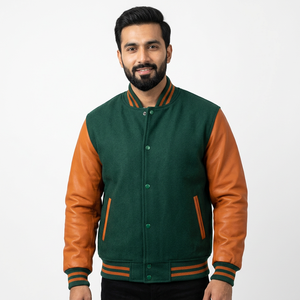 Veste de baseball en laine respirante de couleur vert orange, sur mesure, style Letterman Varsity - Product Image 1