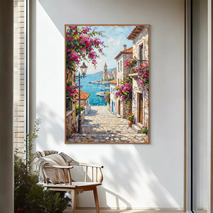 Peinture à l'huile de la cour enceinte méditerranéenne, <span class=keywords><strong>paysage</strong></span> de village côtier, toile peinte à la main, art mural réaliste avec fleurs et <span class=keywords><strong>mer</strong></span> - Product Image 6