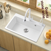 Évier de cuisine rectangulaire en granit blanc quartz à cuve unique à encastrer avec robinet, pour le lavage des légumes et de la vaisselle