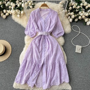 <span class=keywords><strong>Vestido</strong></span> Maxi Premium de Chifón para Mujer con Cuello en V, Volantes, Manga Abullonada Hueca, Bordado y Estilo Holgado Casual para Invierno - Product Image 3