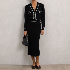 <span class=keywords><strong>Robe</strong></span> midi élégante <span class=keywords><strong>noire</strong></span> en maille pour femme, col en V, passepoil contrastant, manches longues, style <span class=keywords><strong>pull</strong></span> moulant - Product Image 1