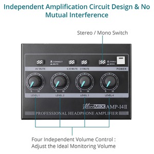 Amplificador de Auriculares Estéreo Profesional I4II de 4 Canales con Control de Volumen Independiente e Interruptor de Encendido para <span class=keywords><strong>Karaoke</strong></span> y Estudio de Grabación - Product Image 2