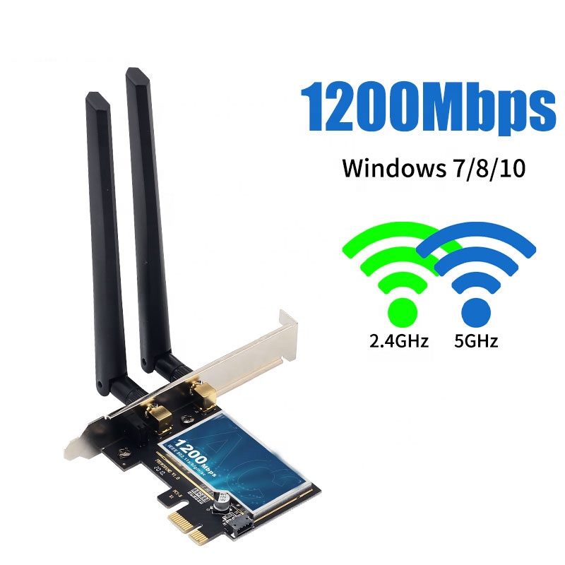 Kartu jaringan nirkabel PCI-E, 1200Mbps PCI-E Desktop 802.11AC Dual Band 2.4G 5G PCIe WIFI BT adaptor untuk komputer