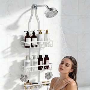 Estante de almacenamiento para cabezal de ducha, estante extensible de 3 niveles montado en la pared para organización del baño, blanco, plateado, negro - Product Image 1