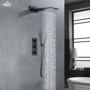 Juego de ducha oculto en la pared montado en cubierta de artículos de diseño moderno grifos de ducha de oro negro Juego de ducha de lluvia de cascada