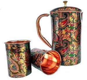 Elegante jarra de cobre martillado con estampado antiguo con juego de vidrio Ideal para fiesta en restaurante o uso diario Disponible a precio mayorista - Product Image 3
