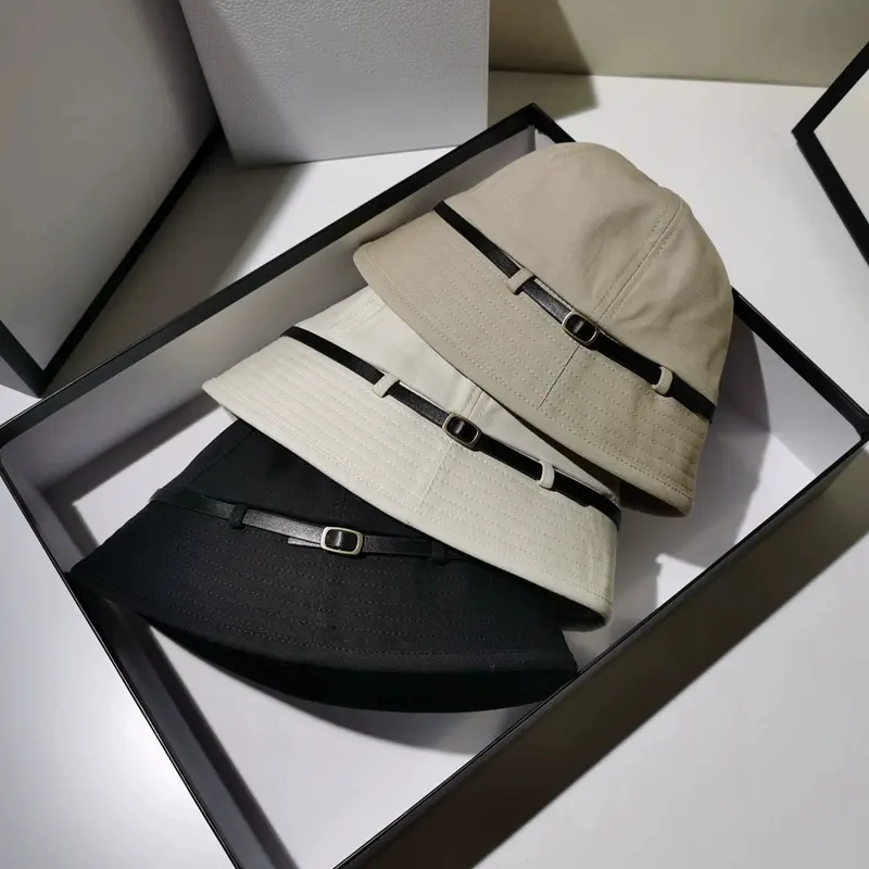 한국어 패션 블랙 가죽 스트랩 버킷 모자 통기성 단색 다목적 양산 어부 모자