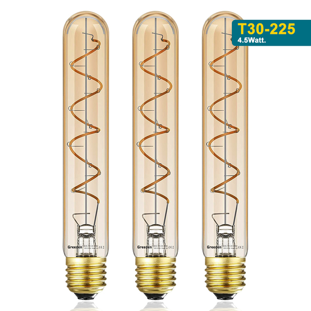 Spiral Filament LED Tubular Edison Bulb T10 T30 E26 Base 4W Dimmable Amber Glass 2200K Warm T10 Tube Long Edison Bulb