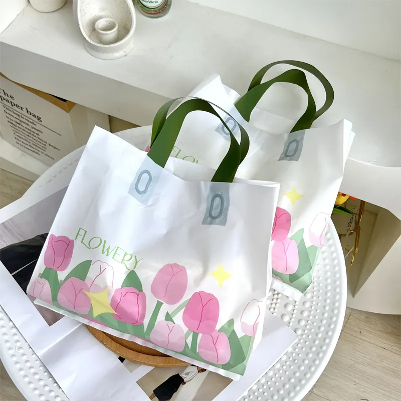 Venta al por mayor de fábrica, diseño de logotipo impreso personalizado, Ldpe, HDPE, bolsa de plástico con asa, bolsa troquelada, bolsa de compras para embalaje de ropa