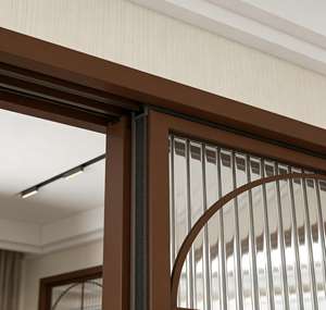 Armoire BALOM moderne en noyer sur mesure - Verre nervuré et accents en arc, éclairage LED, porte coulissante élégante, rangement de chambre à coucher - Product Image 5