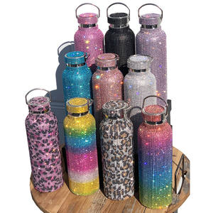 Botellas de agua de acero inoxidable con cadena para bebidas, botellas de agua de cristal brillante de Color negro arcoíris de lujo de diseñador con diamantes de imitación - Product Image 1