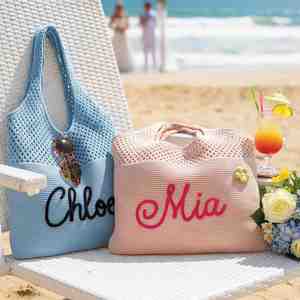 Sac à main de plage tricoté personnalisé avec nom brodé, sac fourre-tout au crochet sur mesure pour femme, sac à bandoulière d'été - Product Image 3