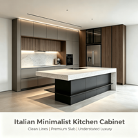 Cuisine modulaire belge moderne sur mesure, bicolore, en bois massif mat, sans poignées, avec îlot en quartz cascade, réfrigérateur et four encastrés