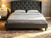 Lit double rembourré européen Lumi 153x203 avec sommier à lattes et espace de rangement beige