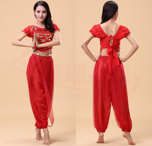 Sparkly <span class=keywords><strong>Bollywood</strong></span> Indian Cosplay Outfits Sequin Puff Sleeve Crop Top con pantalones Harem para el rendimiento - Product Image 3