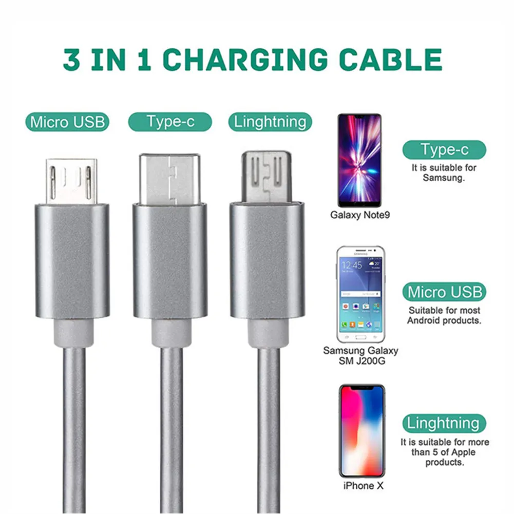 3 Way Charging Cable Usb 3 In 1 Retractable USB Charging Cable Adapter Connector With Type C/Micro USB/Mini USB Ports Compatible With LG Samsung