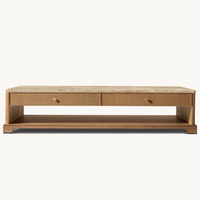 Table basse moderne RH GENEVIEVE, durable, avec 2 tiroirs, plateau en marbre clair, base en bois massif, détails cannelés, style farmhouse luxueux