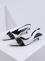 Mules à talons aiguilles pour femme, bout pointu, style slingback, noir et blanc contrastant, avec boucle à œillets métalliques punk, chaussures de soirée