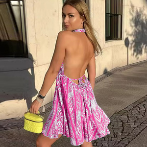 Pink Geometric Print Halter Neck Flared Sundress <b>Sleeveless</b> Woven Breathable High Waist Knee-Length Casual <b>Summer</b> <b>Dress</b> - Product Image 4