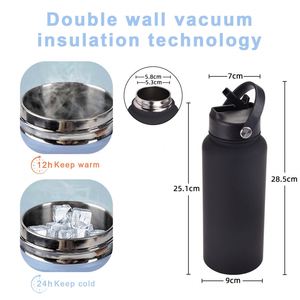 Bouteille d'eau isotherme personnalisée en acier inoxydable avec logo, grande capacité 1L, portable avec poignée et paille, vente en gros - Product Image 4