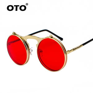 Occhiali da Sole OTO Fashion Classici Rotondi in Metallo con Montatura Circolare Ribaltabile, Stile Steampunk Nero <span class=keywords><strong>e</strong></span> Rosso per Uomo - Product Image 6