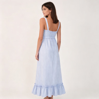 Robe Madi rayée bleue pour femmes, sans manches, bretelles spaghetti, ourlet à volants, robe décontractée pour l'été, la plage et les vacances