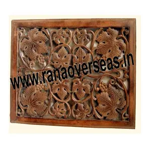 Geometric Shaped Wooden Wall Panel With Grapes Leaf Carving For Hotel Restaurant And Home