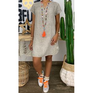 Nouvelle Collection YZ 2026 – Robe Décontractée en Lin pour Femme, Col V Ample, Couleur Unie, Élégante et Sexy - Product Image 3