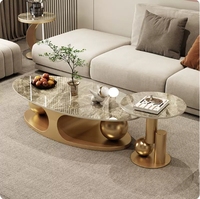 Table basse ovale en pierre frittée brillante de style italien avec base à double boule et ensemble de tables d'appoint - Luxe léger et minimaliste