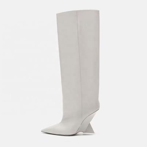 Strange Heels Women's Knee High Boots Fashion Pointed Toe Wedge Shaped Heel Long Booties Wide Fit Top <b>Shoes</b> - Product Image 3