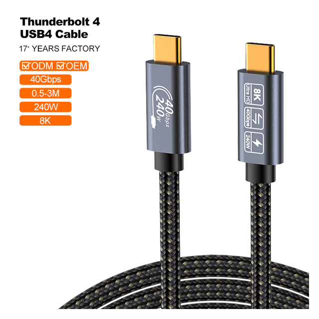 Customized Length USB4 Thunderbolt 4 USB Cable 240w 40Gbps Type C 8K 4K Fast Charging USB Cable for Audio & Video & Data