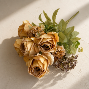 Ramo de Rosas Artificiales Vintage de 9 Cabezas <span class=keywords><strong>con</strong></span> Bordes Quemados, Ramo de Rosas Falsas Retro para Decoración de Mesa de Boda o Hogar - Product Image 3