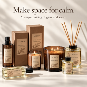 Coffret cadeau de parfums d'ambiance Aikun en bois de santal et ambre, avec bougies, diffuseur et spray, pour présentation en magasin - Product Image 1