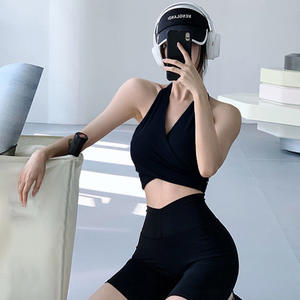 Débardeur de sport d'été pour femme, sans bretelles, col en V profond, rembourré, séchage rapide, respirant, polyester/coton, pour Pilates, course à pied, fitness, noir - Product Image 4