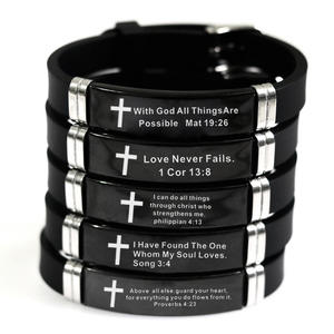 Cadeaux inspirants Bracelet en acier inoxydable pour hommes Silicone Bibles <span class=keywords><strong>Citations</strong></span> Christian Prayer Cross Bangle Bracelets - Product Image 1