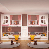 JS FURNITURE Neues Design Kinderhaus-Prinzessin-Doppelbett Schlafzimmermöbel Kinder-Holz-Hochbett mit Rutsche und Stauraumtreppe