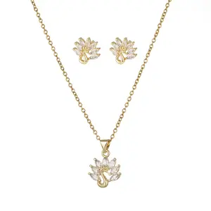 Conjunto de joias em forma de flor requintada para mulheres, conjunto de ouro real 18K com diamantes CZ, conjunto de brincos e colar