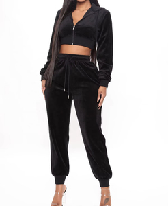 Ensemble de survêtement décontracté pour femme en coton 100% de haute qualité, avec sweat à capuche court à manches longues et fermeture éclair intégrale et pantalon de jogging, 2 pièces en molleton - Product Image 4