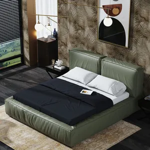 Hot Sale Kulit Asli Eropa Kustom Hijau Kamar Tidur Furniture King Penyimpanan Tempat Tidur