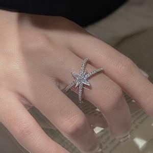 Anillo de Plata de Ley S925 con Diseño de Estrella de Cuatro Puntas, Chapado en Oro de 18K, Estilo Vintage Francés, Anillo con Incrustaciones de Circonita - Product Image 2