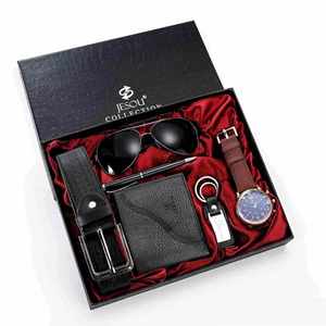 Men's Exquisite Popular <b>7</b>-Piece Gift Set Quartz <b>Watch</b> Wallet Perfume Shell Case Case Non-Waterproof Paper Belt Case Hook Buckle - Product Image 2