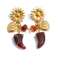 JINYOU 3511 Nouveauté Boucles d'oreilles pendantes en acier inoxydable plaqué or, forme géométrique en acrylique rouge foncé et ivoire
