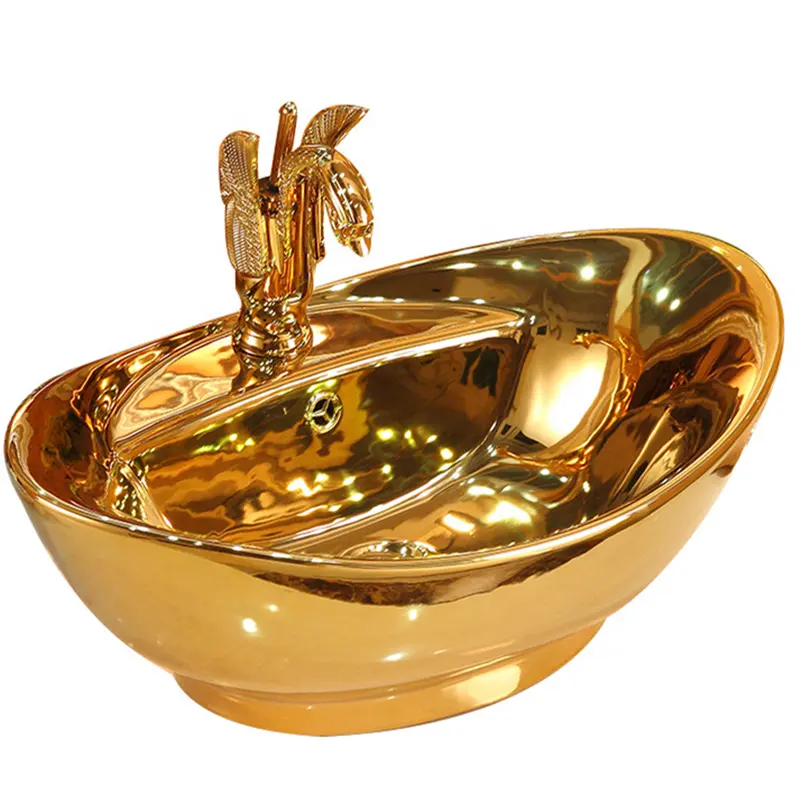 Nueva y elegante lavabo cerámico de baño oro electrochapado de lavabo