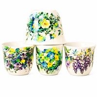 Ensemble de 8 tasses à café en céramique écologiques de luxe avec bordure dorée et argentée, imprimé floral bohème mandala paisley marocain