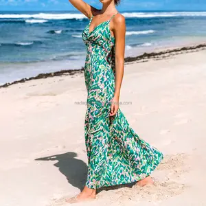 Casual Summer Luxury Ruffle Hem Dresses Lady Elegant Spaghetti Strap Maxi Long Floral Print Dress For Women